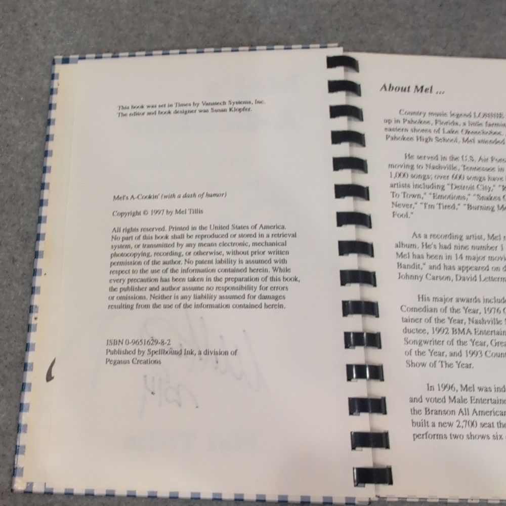Mel Tillis Mel's A-Cookin' Signed Cookbook 1997 Spiral Bound Country Music Humor - Picture 3 of 3